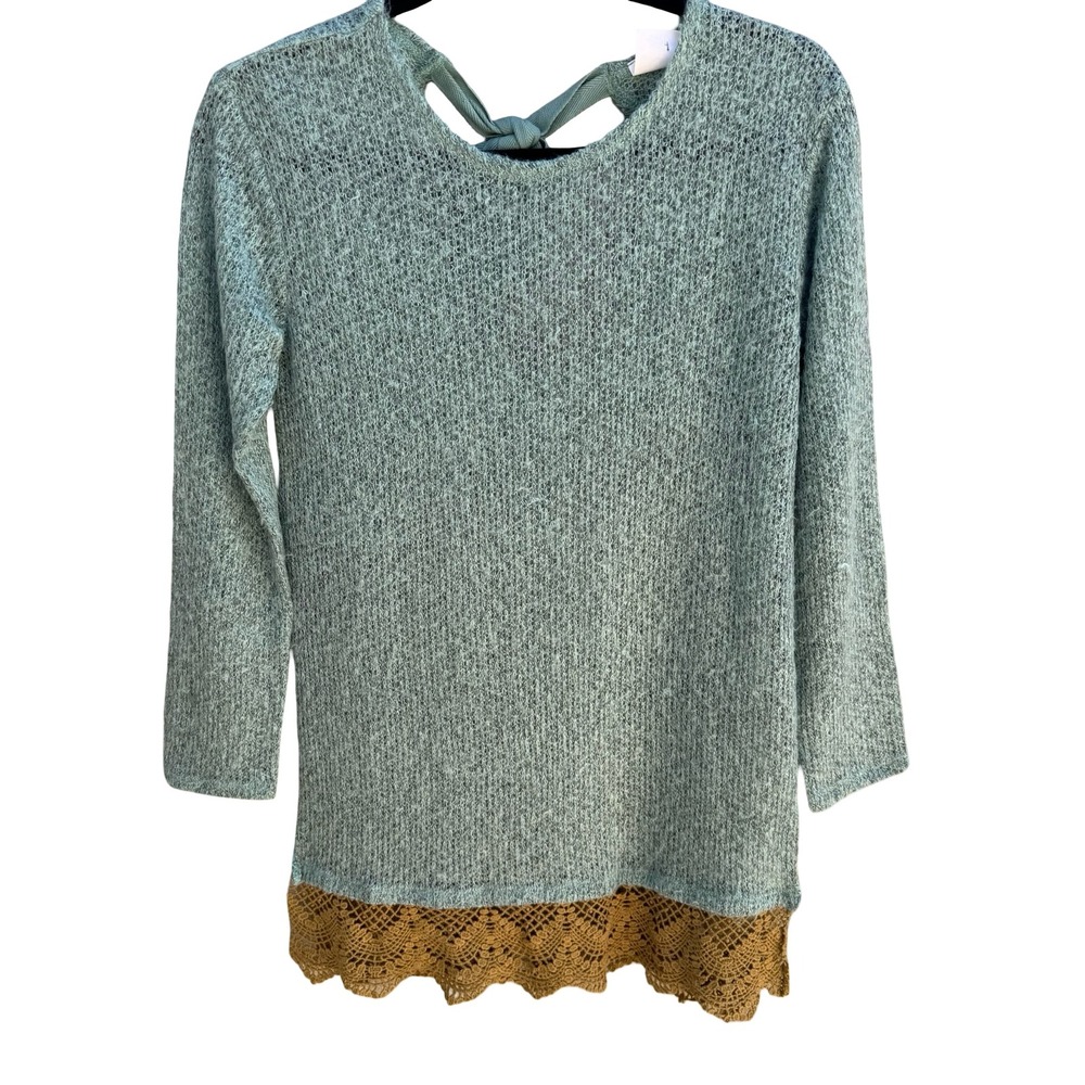 New Development‎ Boho Fairycore Knit Sweater Crochet Lace Hem Bow Back Seafoam S